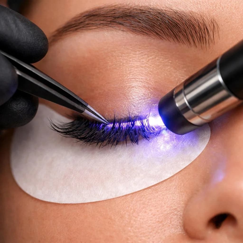 Extreme close-up of a lash artist using tweezers while a violet UV curing light is directed at an eyelash extension